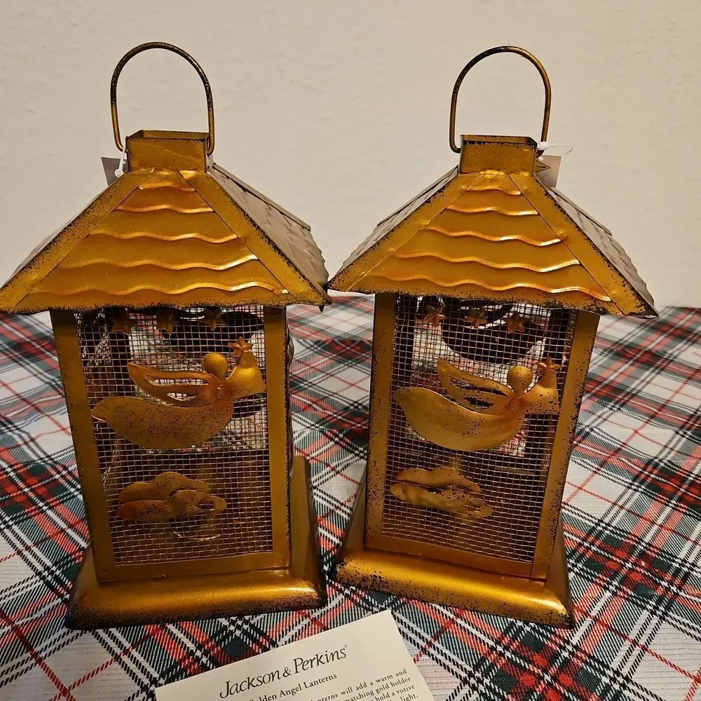 Set of 2 Jackson & Perkins Burnished Golden Angel Metal Lanterns